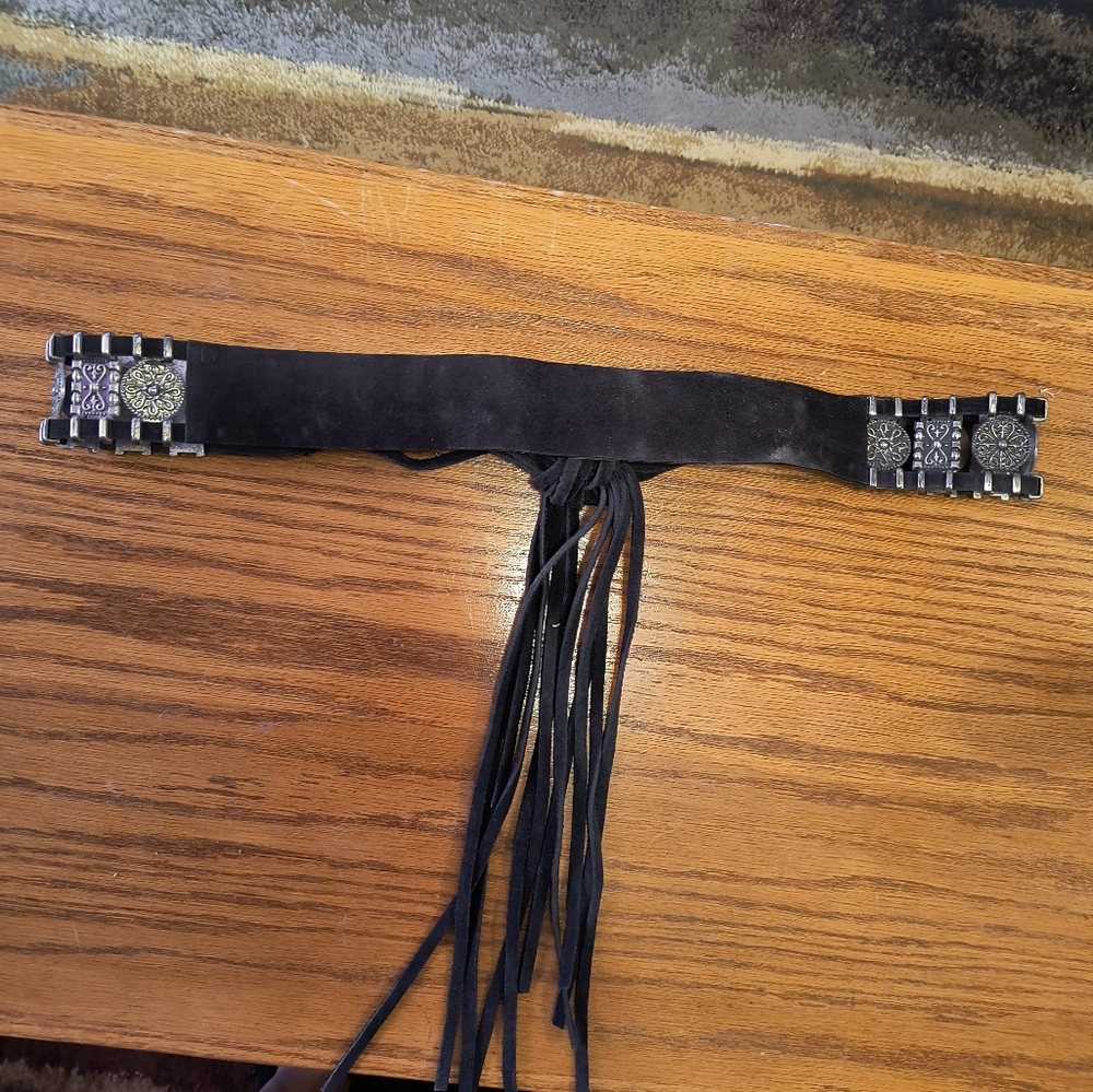 Vtg Wide Genuine Leather Belt Made In India Silver Tone Medallions Fringe